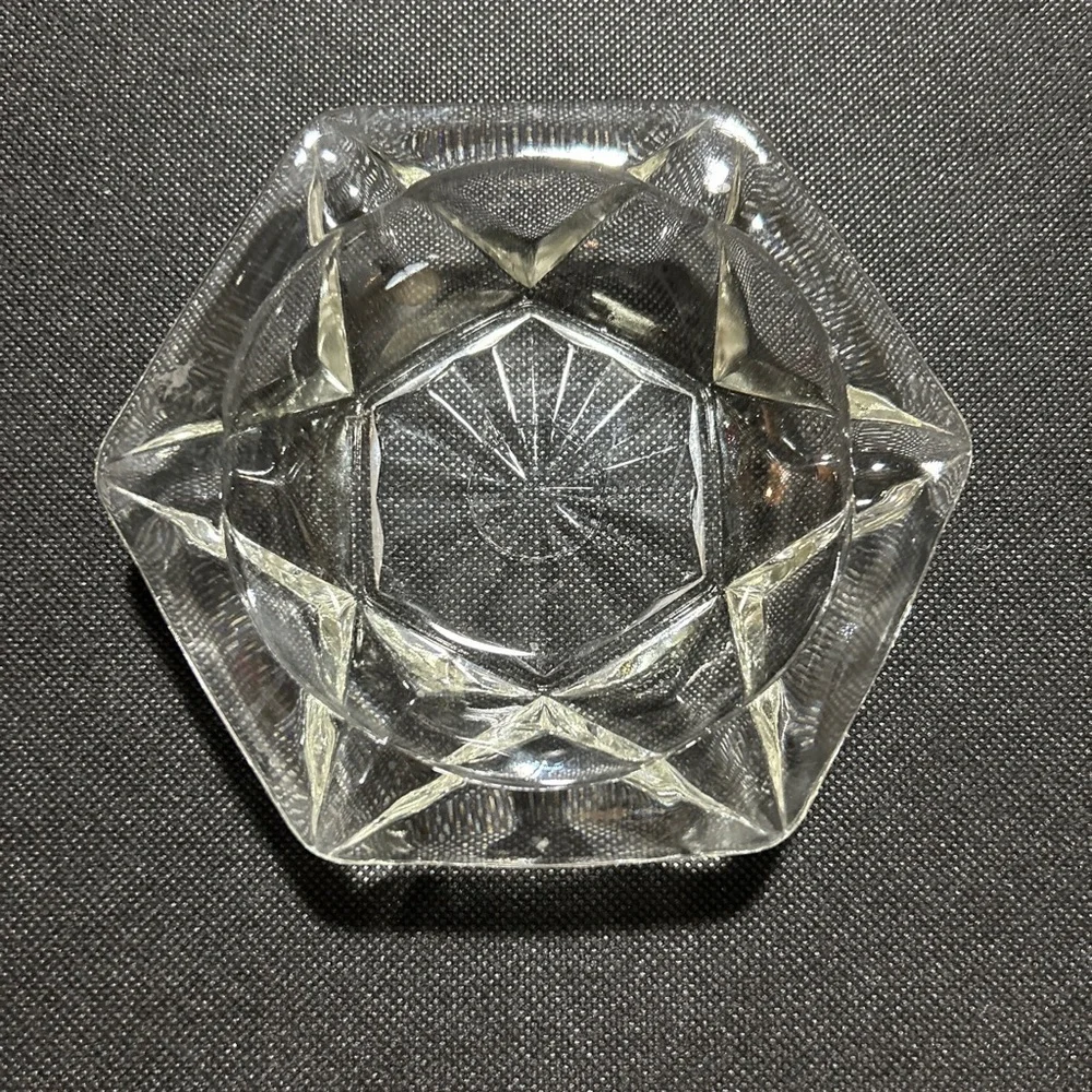 Vintage Hexagonal Starburst Clear Glass Ashtray Mid Century Modern 6 Grooves